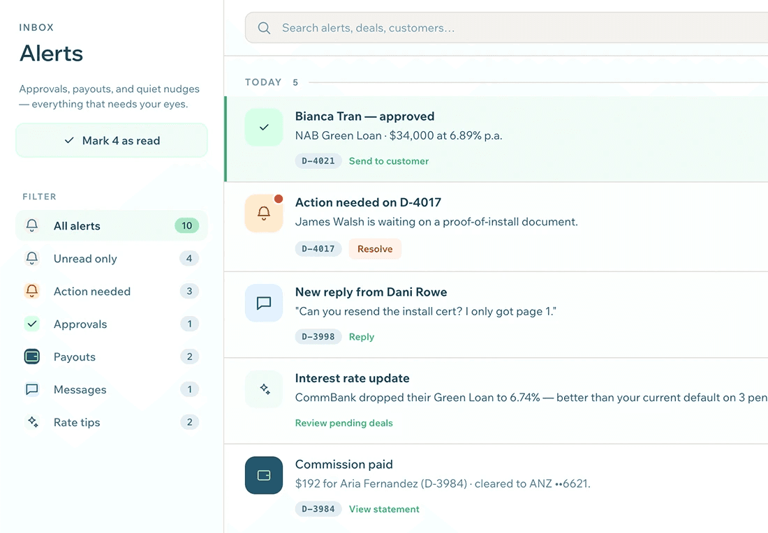 Installer portal dashboard showing deal status and customer updates