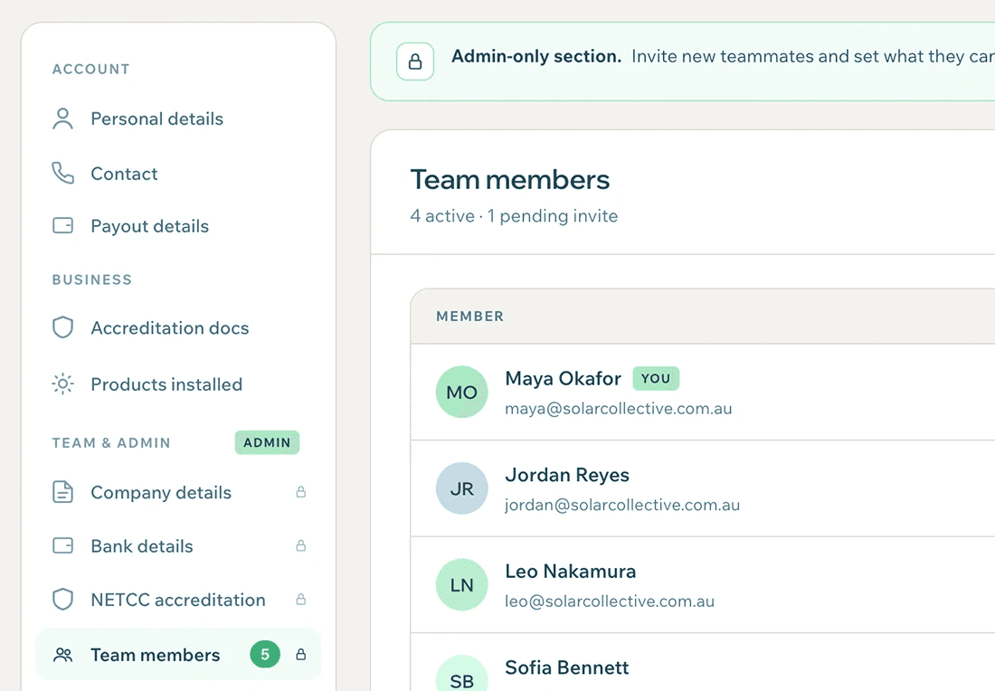 Installer portal team management with roles and permissions